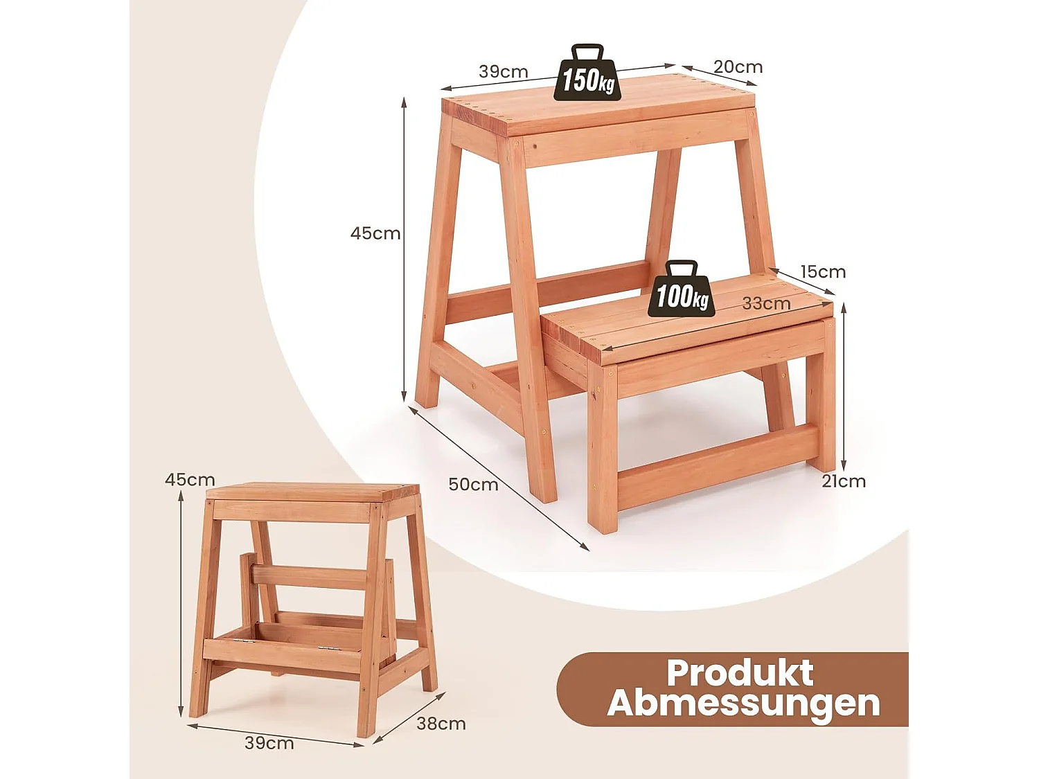 Opstapkruk met 2 treden, inklapbaar, tot 250 kg belastbaar, trapladder van sparrenhout, huishoudladder natuur, krukladder voor tuin, thuis, 50 x 39 x 45 cmVH33858