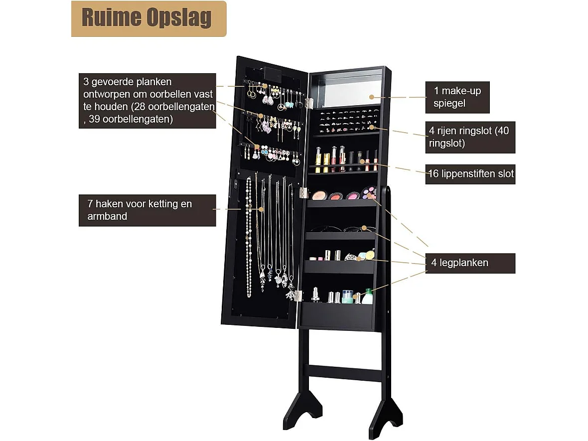 18 led-sieradenkast, kantelbaar, sieradenrek met full-body spiegel en kleine make-upspiegel, sieradenspiegelkast voor make-up (zwart)VH32202