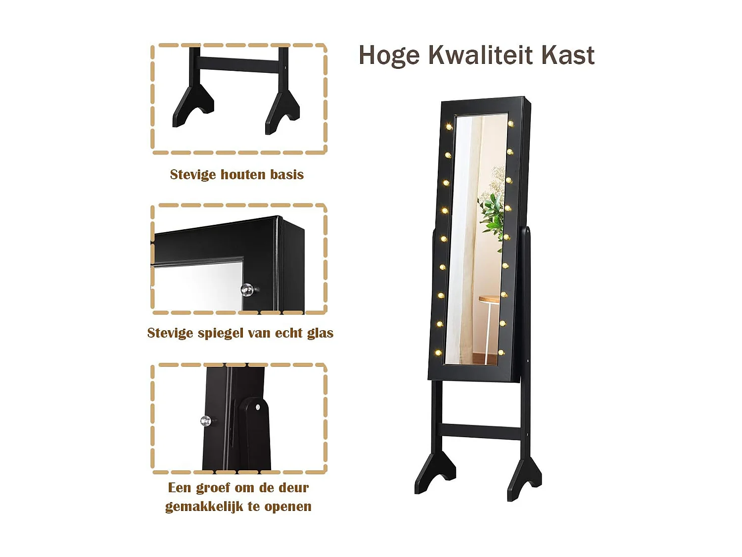 18 led-sieradenkast, kantelbaar, sieradenrek met full-body spiegel en kleine make-upspiegel, sieradenspiegelkast voor make-up (zwart)VH32202