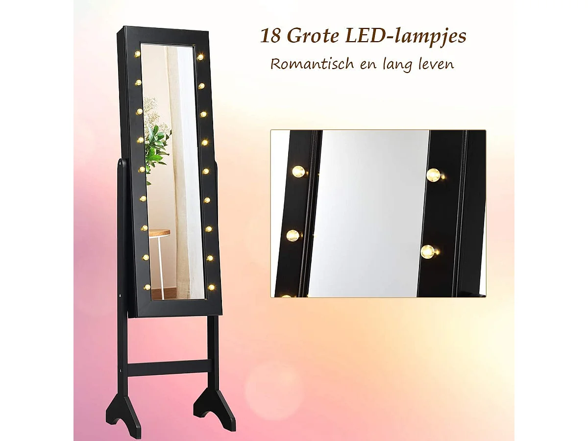 18 led-sieradenkast, kantelbaar, sieradenrek met full-body spiegel en kleine make-upspiegel, sieradenspiegelkast voor make-up (zwart)VH32202