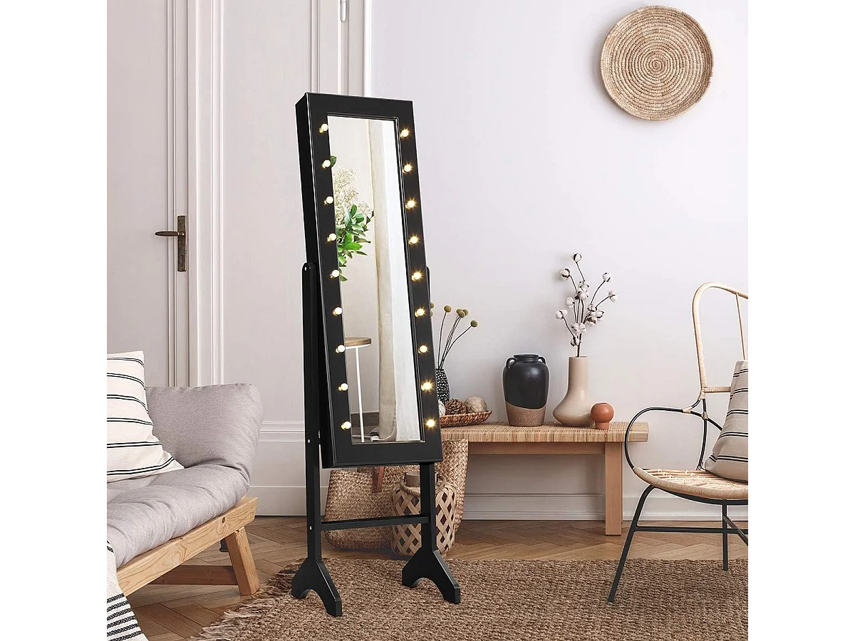 18 led-sieradenkast, kantelbaar, sieradenrek met full-body spiegel en kleine make-upspiegel, sieradenspiegelkast voor make-up (zwart)VH32202