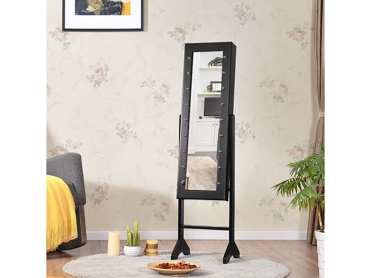 18 led-sieradenkast, kantelbaar, sieradenrek met full-body spiegel en kleine make-upspiegel, sieradenspiegelkast voor make-up (zwart)VH32202