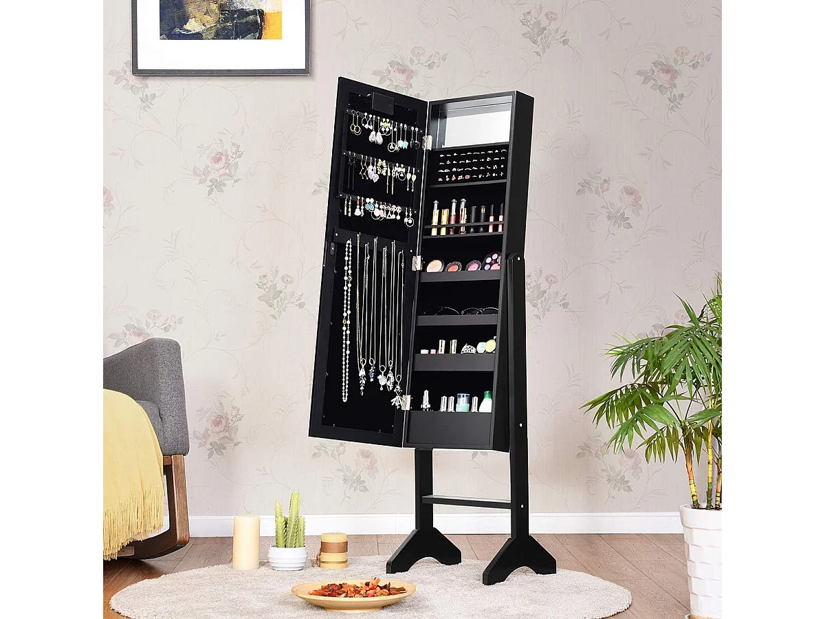 18 led-sieradenkast, kantelbaar, sieradenrek met full-body spiegel en kleine make-upspiegel, sieradenspiegelkast voor make-up (zwart)VH32202