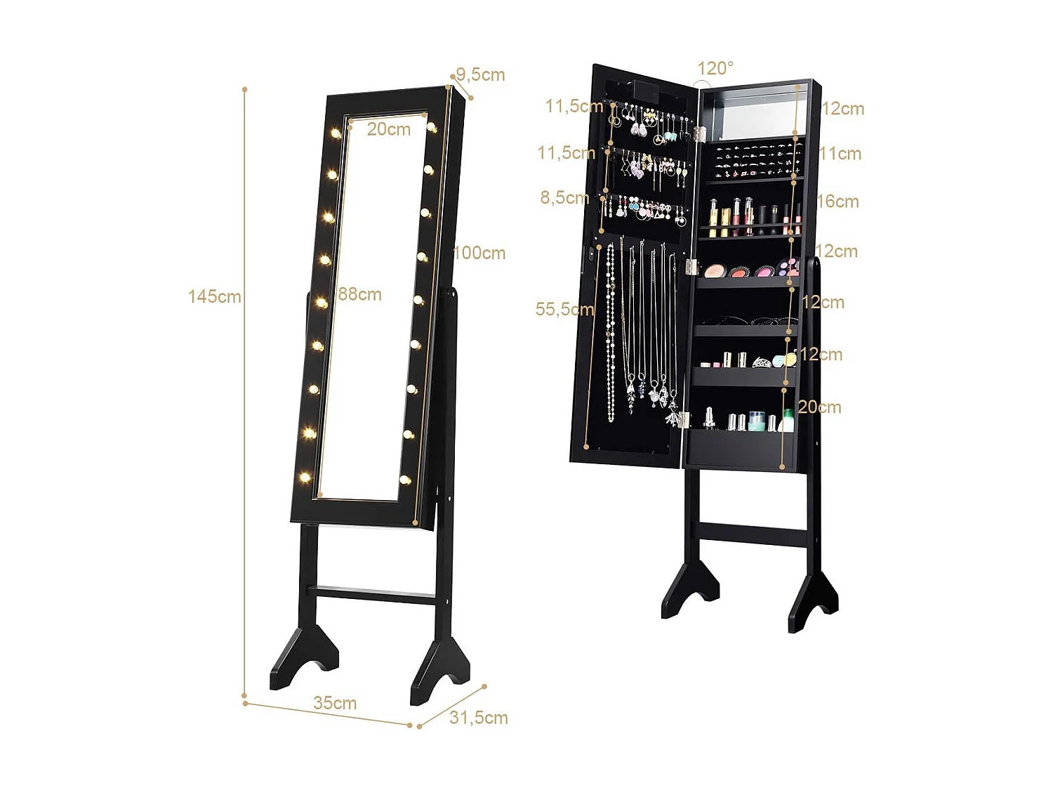 18 led-sieradenkast, kantelbaar, sieradenrek met full-body spiegel en kleine make-upspiegel, sieradenspiegelkast voor make-up (zwart)VH32202