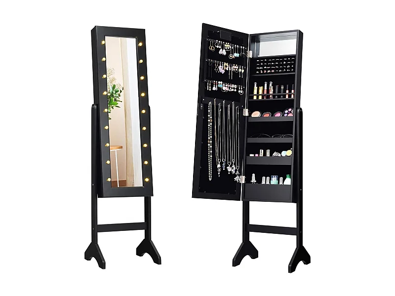 18 led-sieradenkast, kantelbaar, sieradenrek met full-body spiegel en kleine make-upspiegel, sieradenspiegelkast voor make-up (zwart)VH32202
