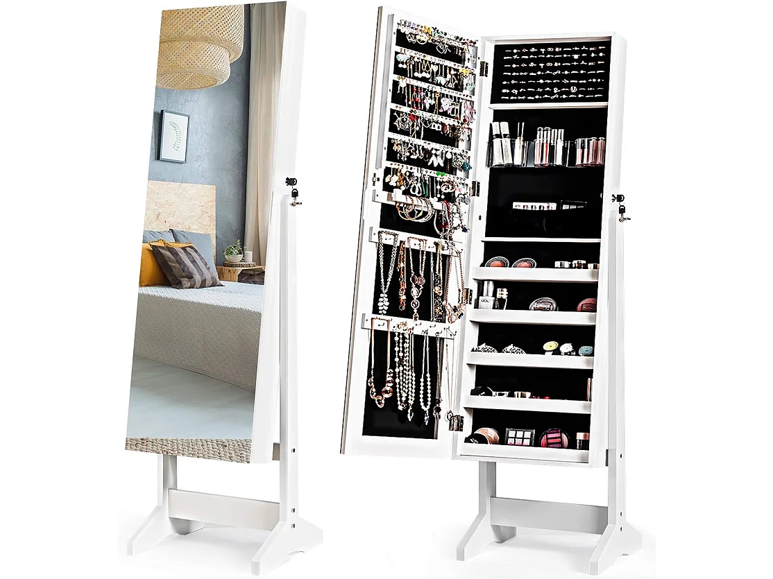 Sieradenkast afsluitbaar, vrijstaande spiegelkast met full-body spiegel, sieradenorganizer kantelbaar voor make-up, 41 x 36,5 x 146 cm (wit)TI87169