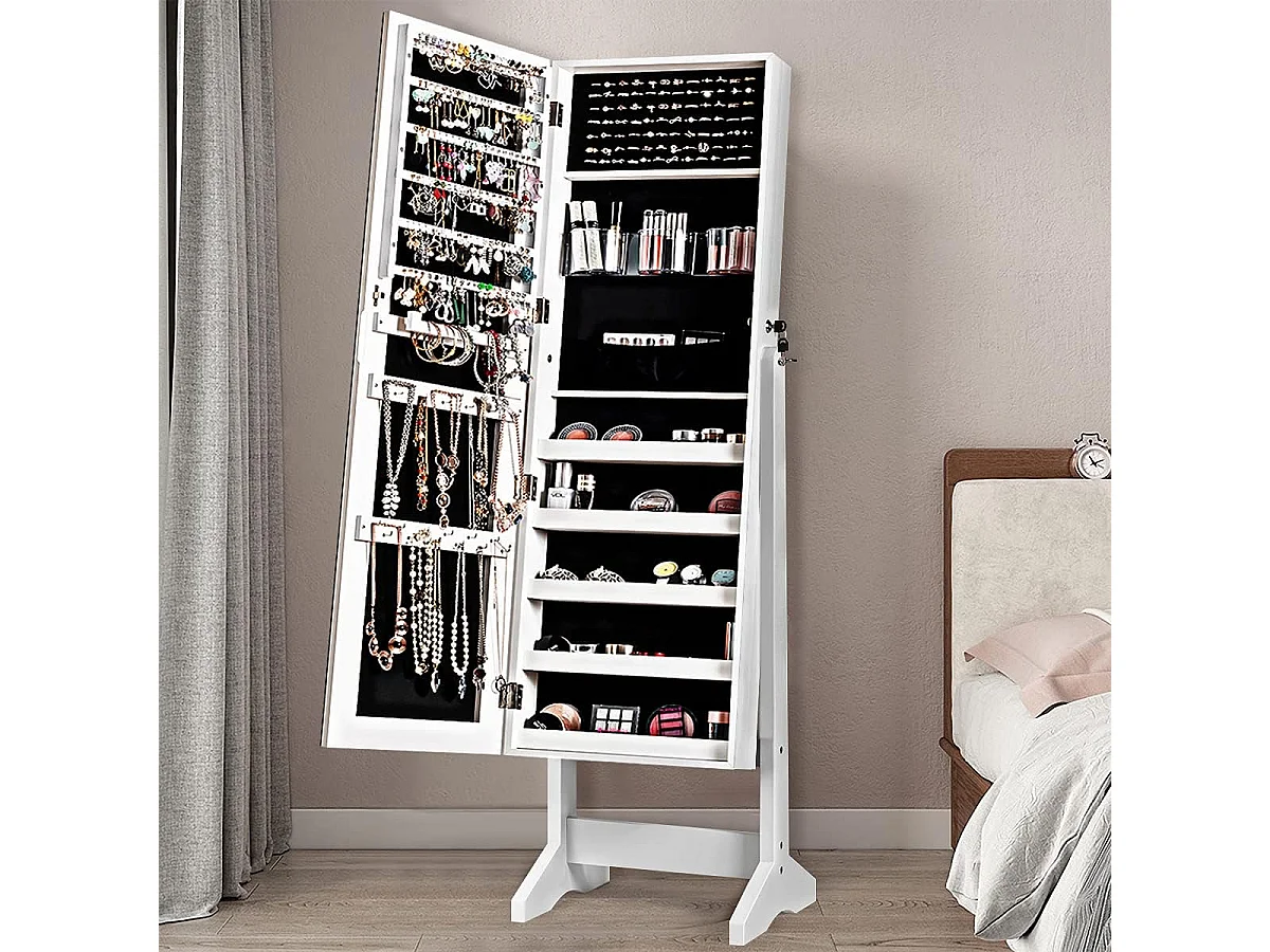 Sieradenkast afsluitbaar, vrijstaande spiegelkast met full-body spiegel, sieradenorganizer kantelbaar voor make-up, 41 x 36,5 x 146 cm (wit)TI87169