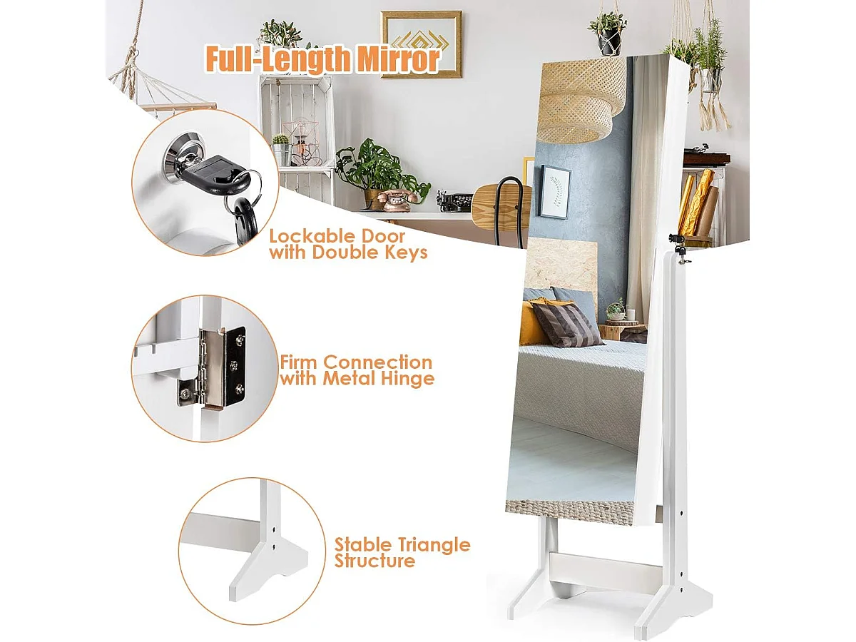 Sieradenkast afsluitbaar, vrijstaande spiegelkast met full-body spiegel, sieradenorganizer kantelbaar voor make-up, 41 x 36,5 x 146 cm (wit)TI87169