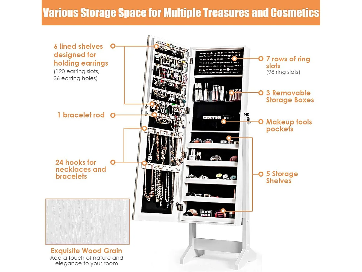 Sieradenkast afsluitbaar, vrijstaande spiegelkast met full-body spiegel, sieradenorganizer kantelbaar voor make-up, 41 x 36,5 x 146 cm (wit)TI87169