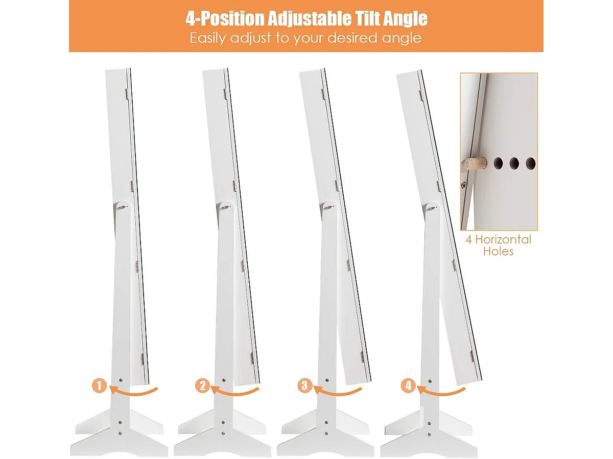 Sieradenkast afsluitbaar, vrijstaande spiegelkast met full-body spiegel, sieradenorganizer kantelbaar voor make-up, 41 x 36,5 x 146 cm (wit)TI87169