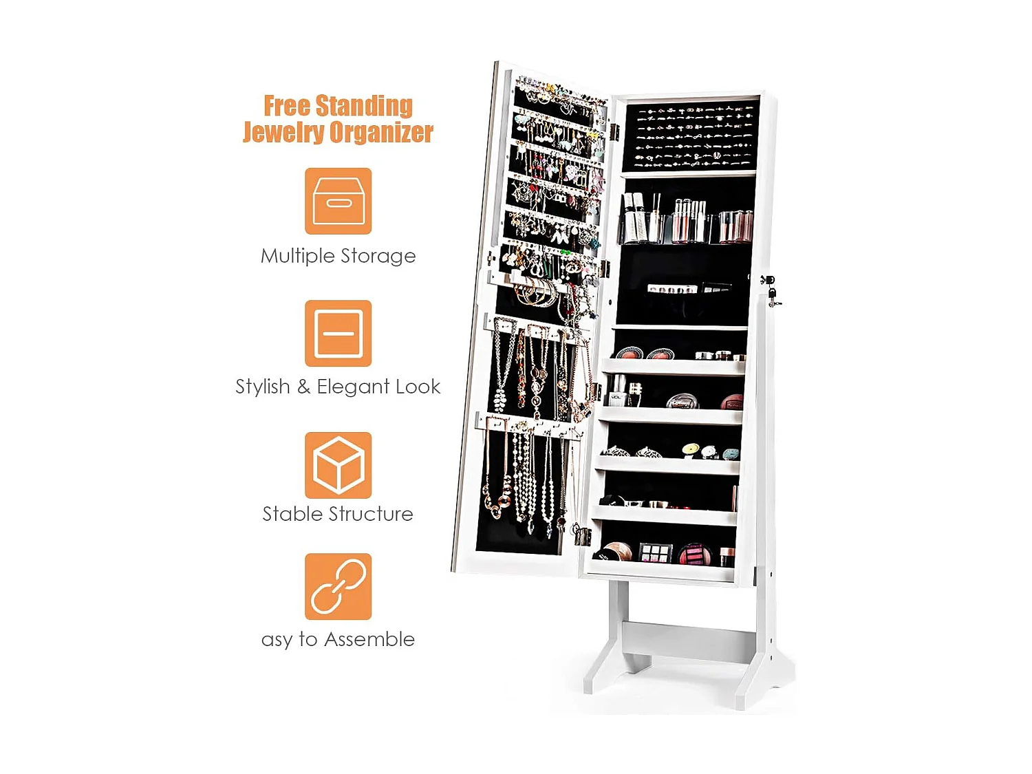 Sieradenkast afsluitbaar, vrijstaande spiegelkast met full-body spiegel, sieradenorganizer kantelbaar voor make-up, 41 x 36,5 x 146 cm (wit)TI87169