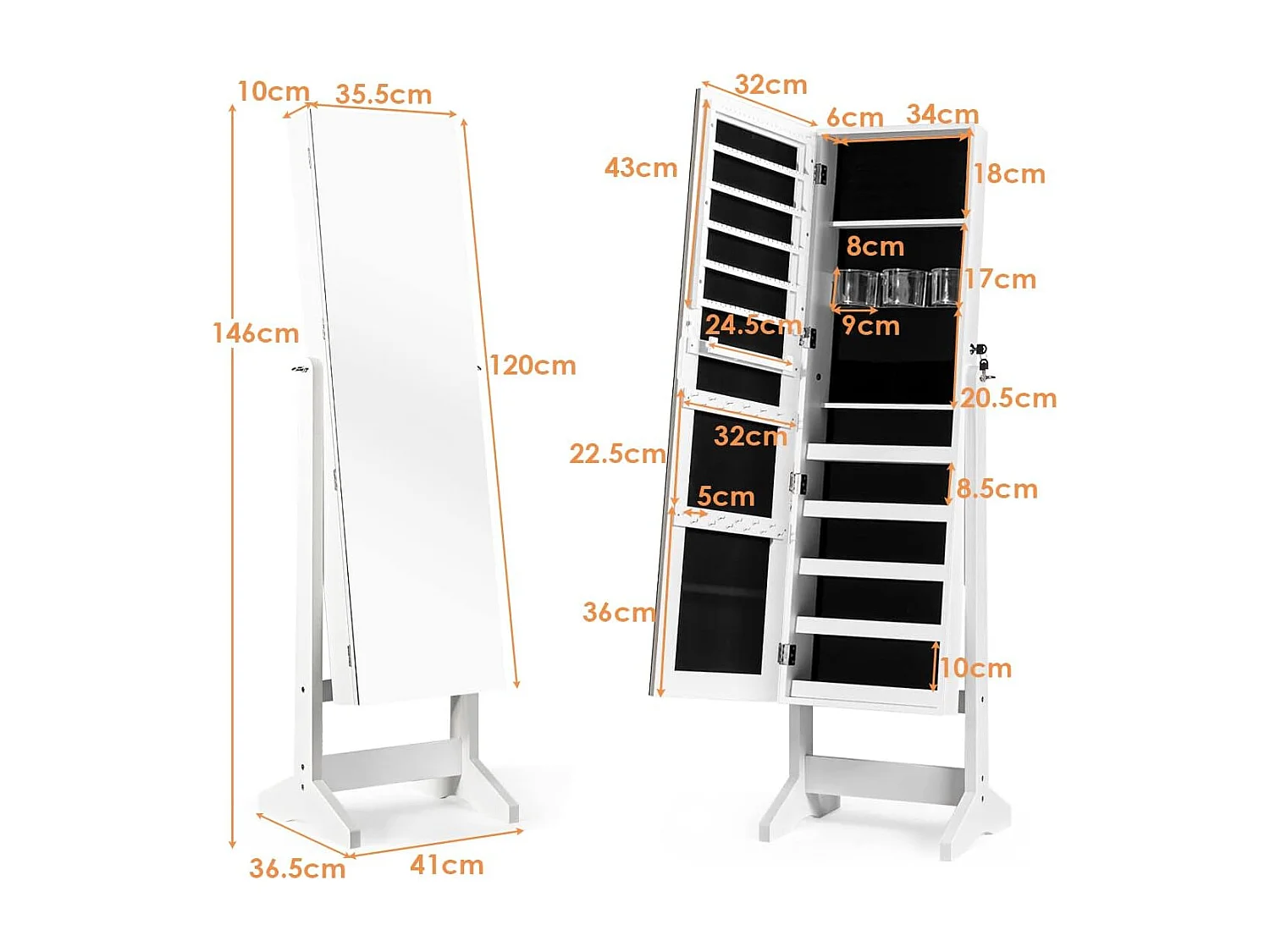 Sieradenkast afsluitbaar, vrijstaande spiegelkast met full-body spiegel, sieradenorganizer kantelbaar voor make-up, 41 x 36,5 x 146 cm (wit)TI87169