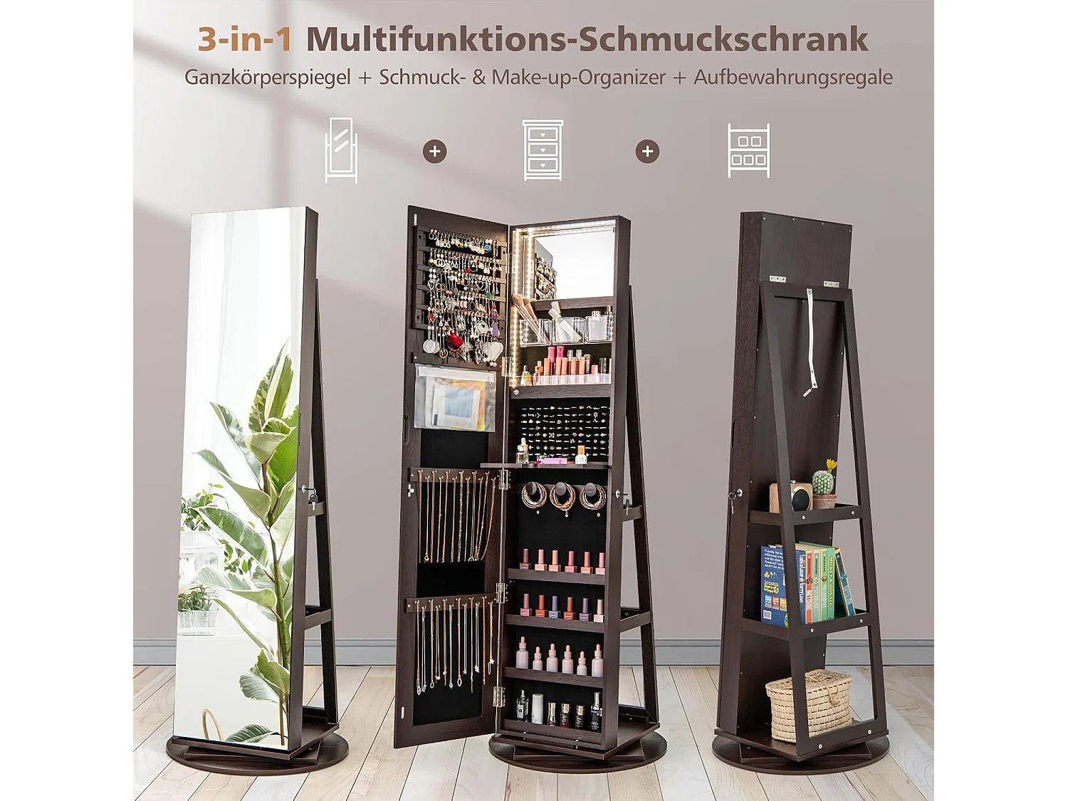 Sieradenkast met led, spiegelkast, 360 graden draaibaar, met frameloze full-body spiegel, sieradenorganizer afsluitbaar, sieradenopslag (donkerbruin)VH32652