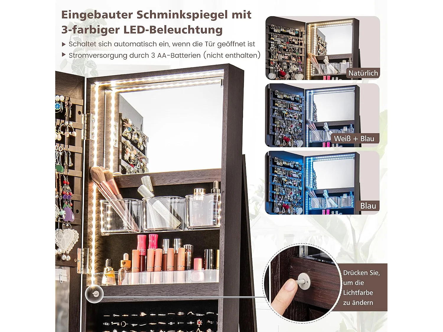 Sieradenkast met led, spiegelkast, 360 graden draaibaar, met frameloze full-body spiegel, sieradenorganizer afsluitbaar, sieradenopslag (donkerbruin)VH32652