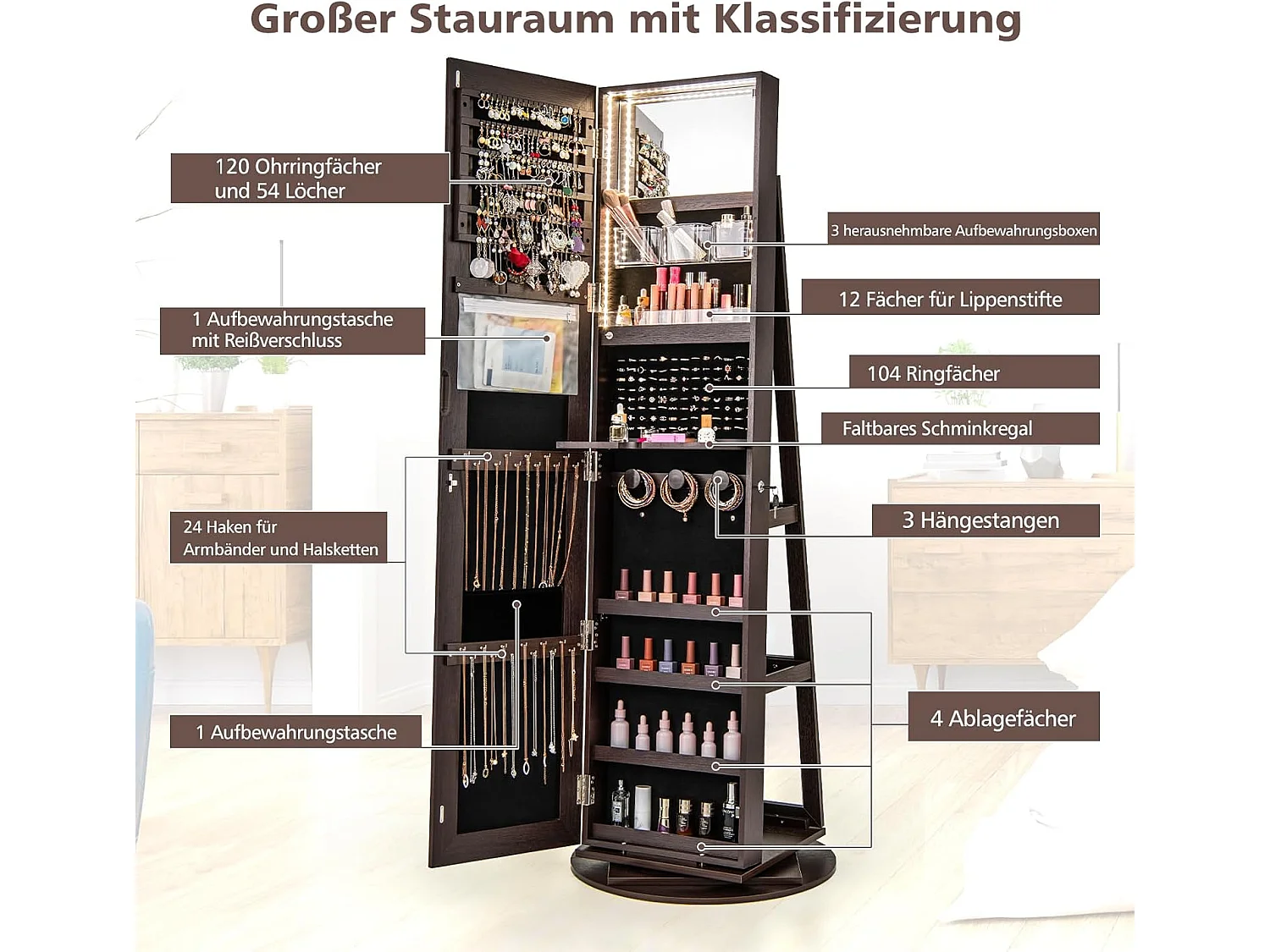 Sieradenkast met led, spiegelkast, 360 graden draaibaar, met frameloze full-body spiegel, sieradenorganizer afsluitbaar, sieradenopslag (donkerbruin)VH32652