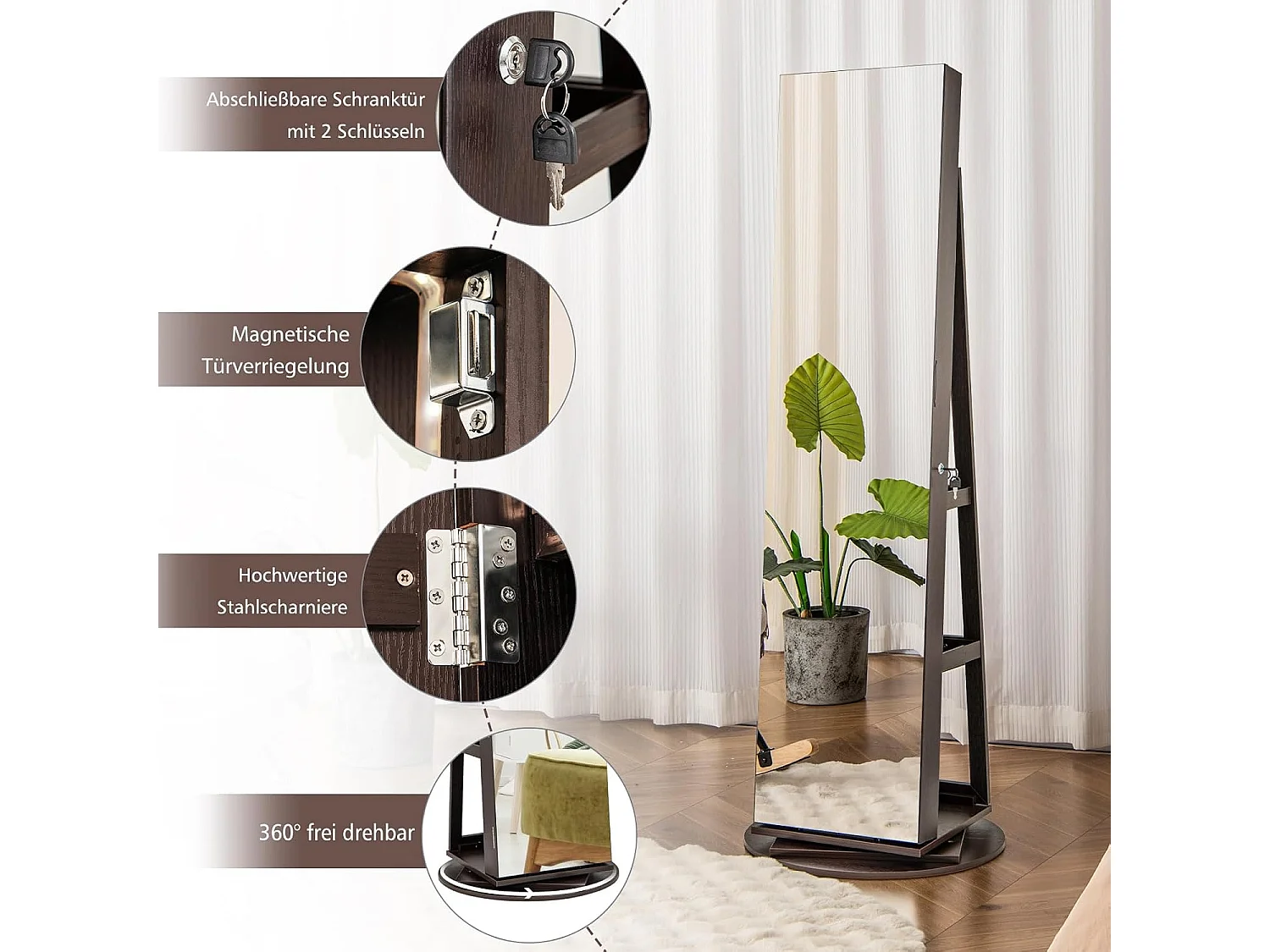 Sieradenkast met led, spiegelkast, 360 graden draaibaar, met frameloze full-body spiegel, sieradenorganizer afsluitbaar, sieradenopslag (donkerbruin)VH32652