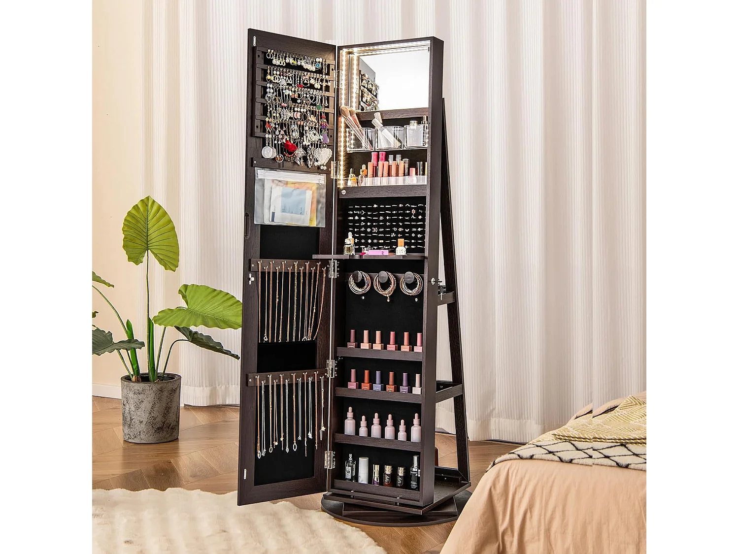 Sieradenkast met led, spiegelkast, 360 graden draaibaar, met frameloze full-body spiegel, sieradenorganizer afsluitbaar, sieradenopslag (donkerbruin)VH32652