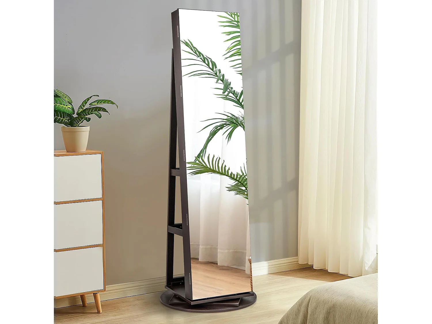 Sieradenkast met led, spiegelkast, 360 graden draaibaar, met frameloze full-body spiegel, sieradenorganizer afsluitbaar, sieradenopslag (donkerbruin)VH32652