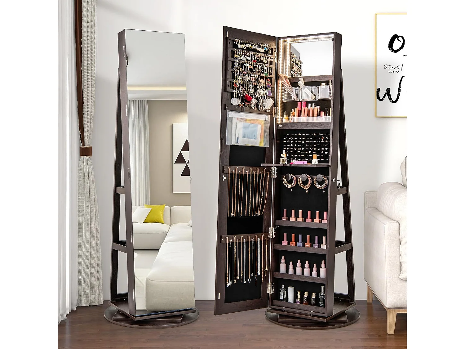 Sieradenkast met led, spiegelkast, 360 graden draaibaar, met frameloze full-body spiegel, sieradenorganizer afsluitbaar, sieradenopslag (donkerbruin)VH32652