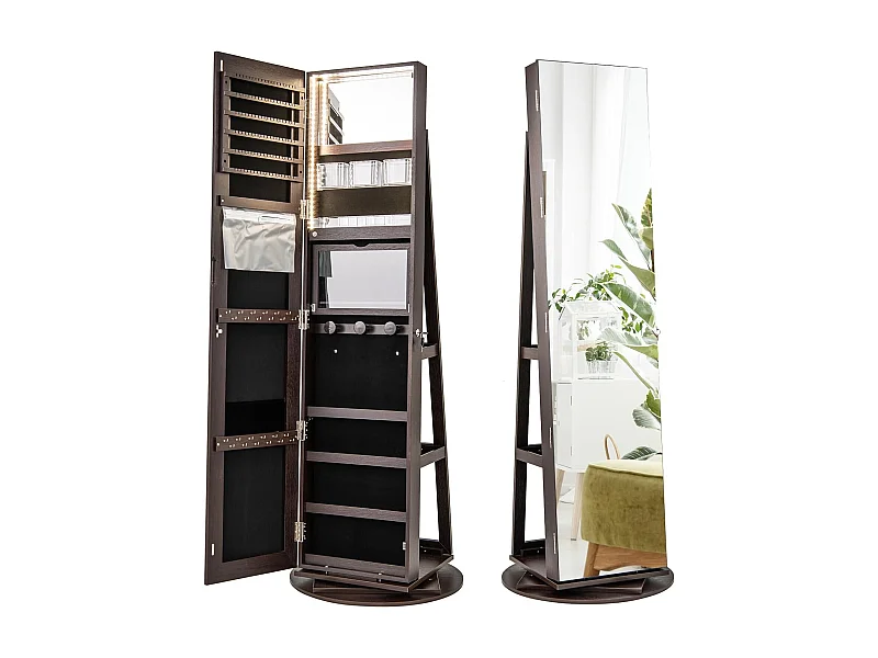 Sieradenkast met led, spiegelkast, 360 graden draaibaar, met frameloze full-body spiegel, sieradenorganizer afsluitbaar, sieradenopslag (donkerbruin)VH32652
