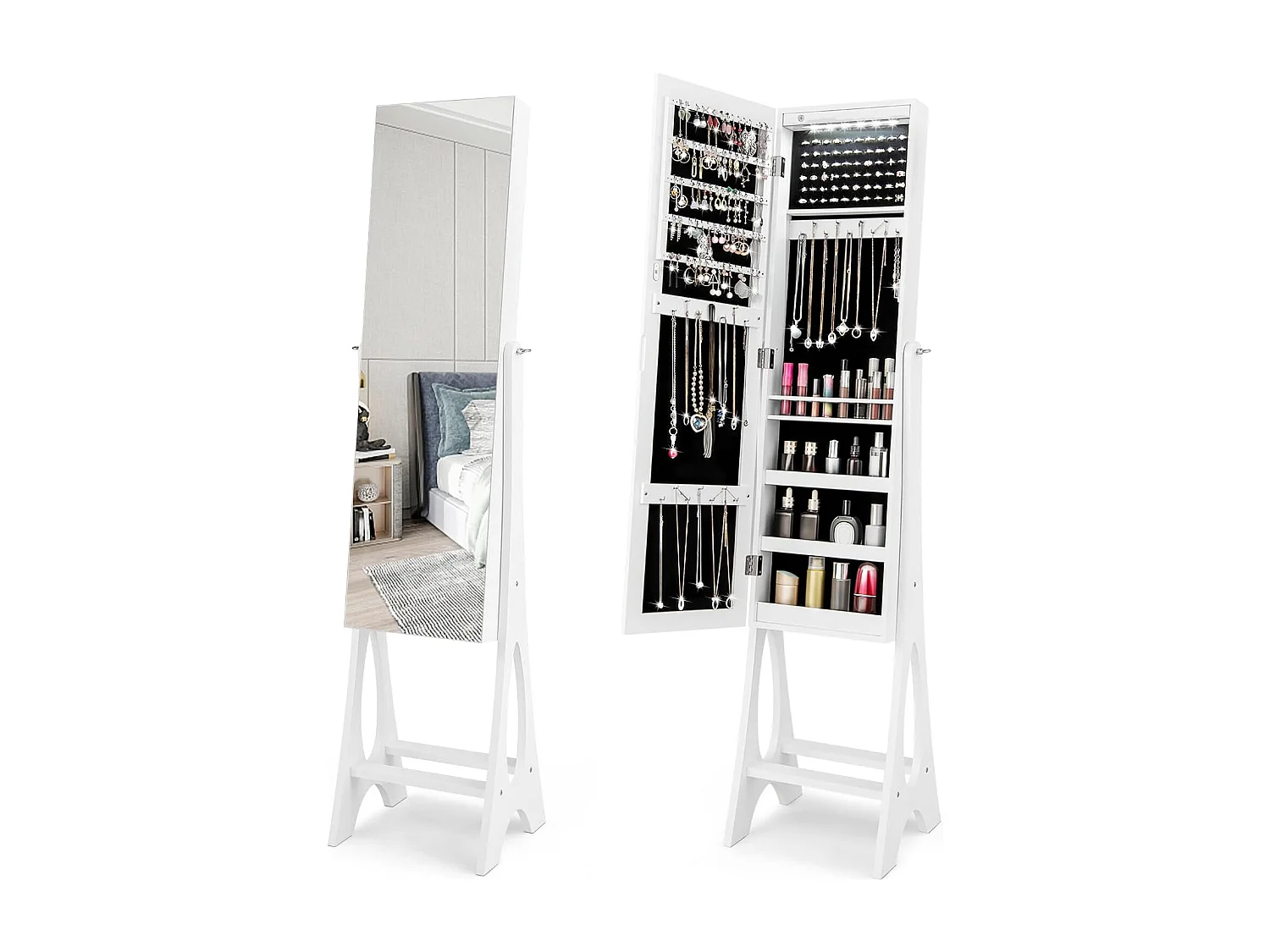 Sieradenkast, staande spiegel, afsluitbaar, 2-in-1 full-body spiegel met sieradenopslag, spiegelkast met 12 leds, vrijstaand (wit)VH32203