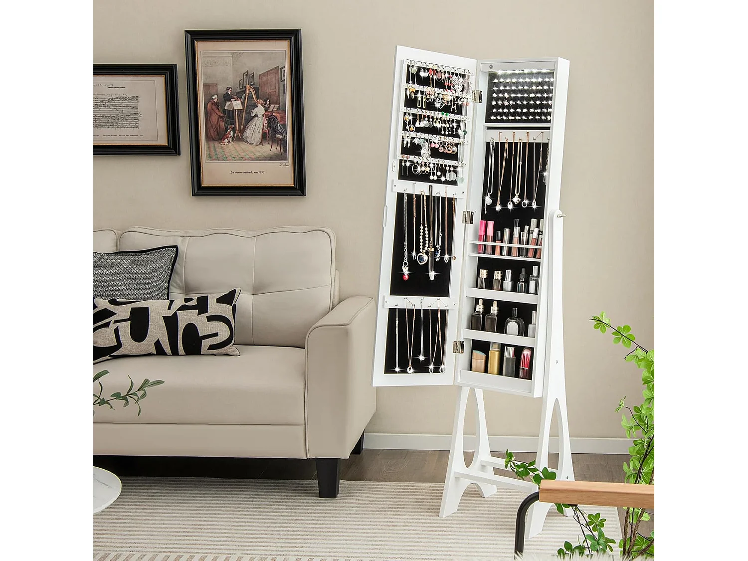 Sieradenkast, staande spiegel, afsluitbaar, 2-in-1 full-body spiegel met sieradenopslag, spiegelkast met 12 leds, vrijstaand (wit)VH32203