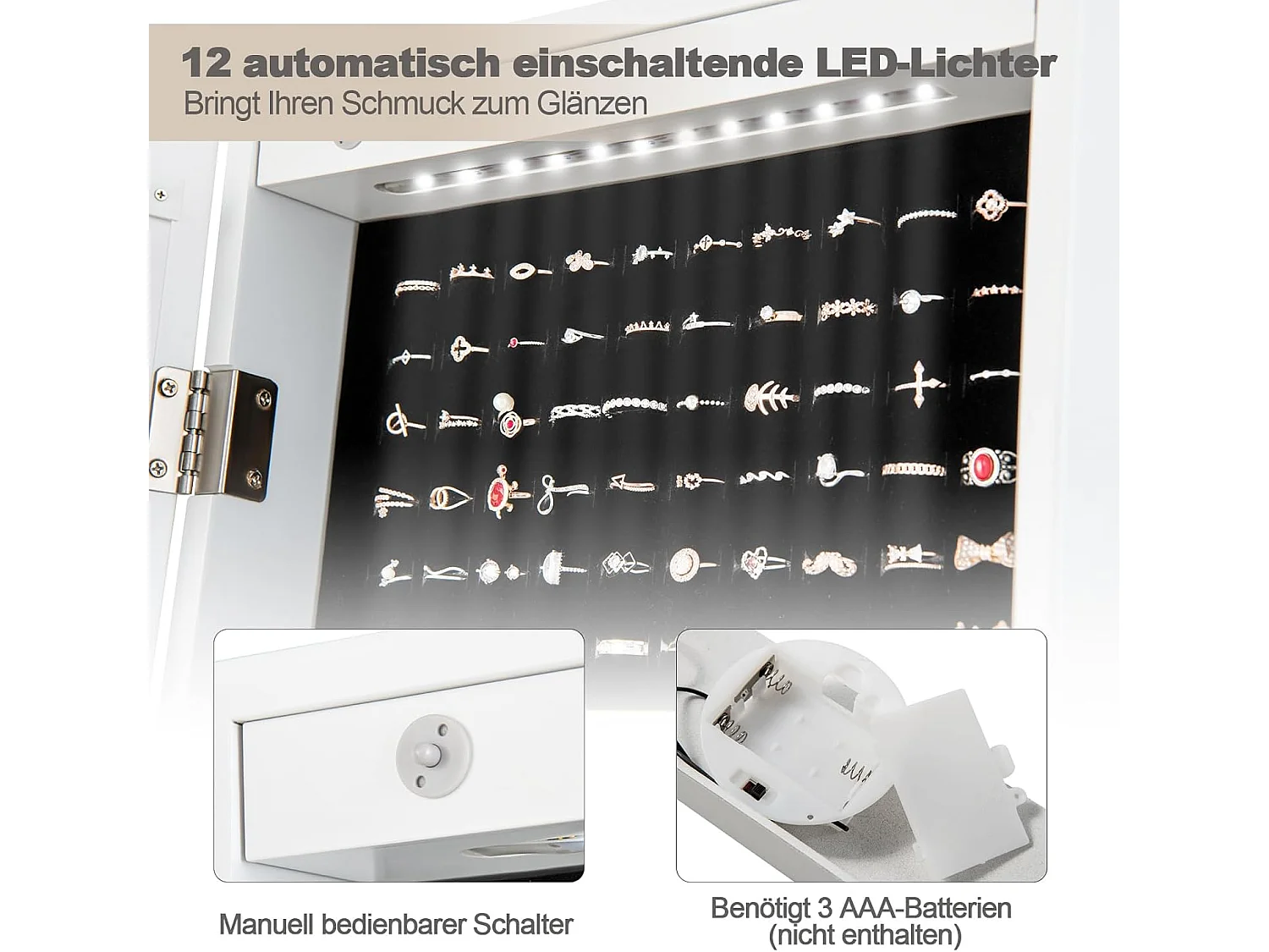 Sieradenkast, staande spiegel, afsluitbaar, 2-in-1 full-body spiegel met sieradenopslag, spiegelkast met 12 leds, vrijstaand (wit)VH32203