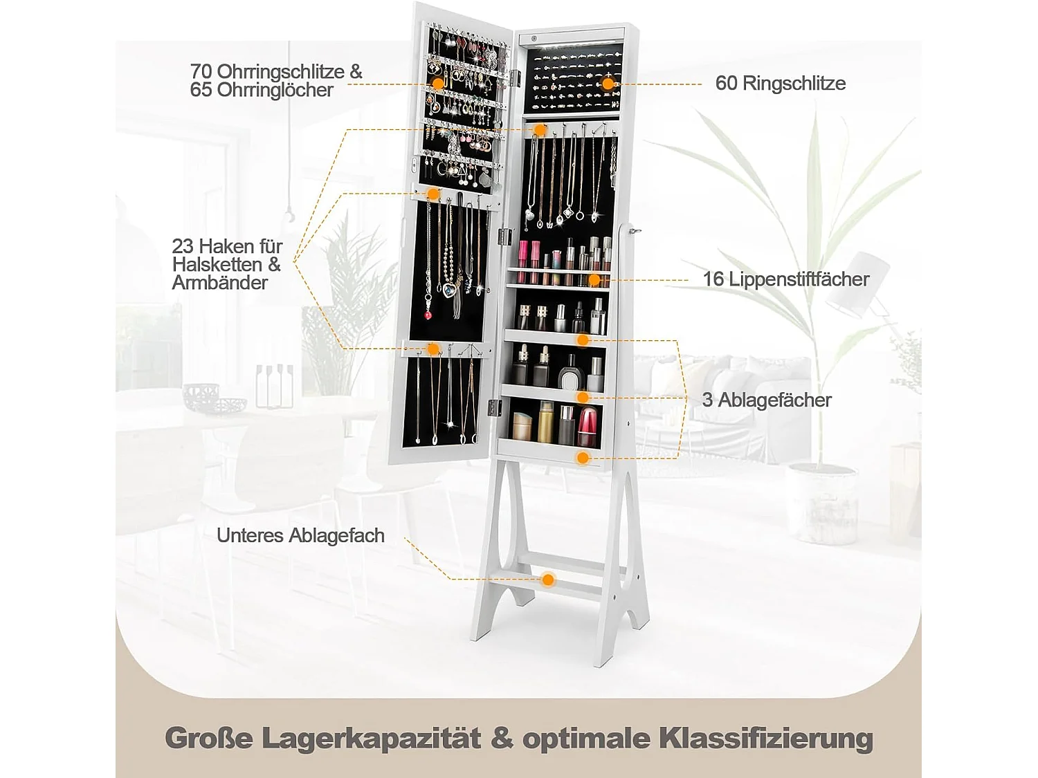 Sieradenkast, staande spiegel, afsluitbaar, 2-in-1 full-body spiegel met sieradenopslag, spiegelkast met 12 leds, vrijstaand (wit)VH32203