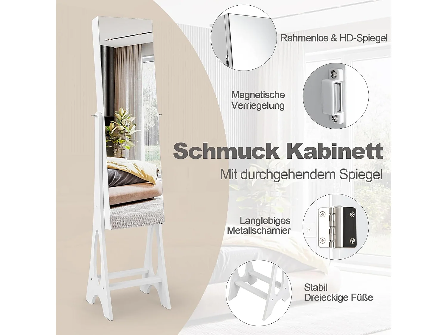 Sieradenkast, staande spiegel, afsluitbaar, 2-in-1 full-body spiegel met sieradenopslag, spiegelkast met 12 leds, vrijstaand (wit)VH32203
