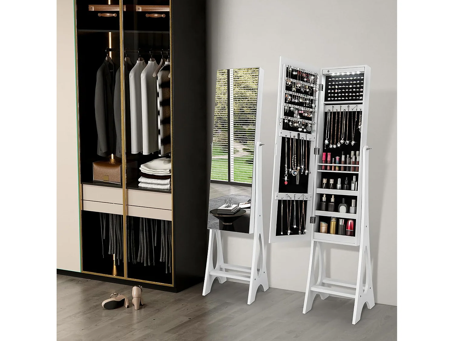 Sieradenkast, staande spiegel, afsluitbaar, 2-in-1 full-body spiegel met sieradenopslag, spiegelkast met 12 leds, vrijstaand (wit)VH32203