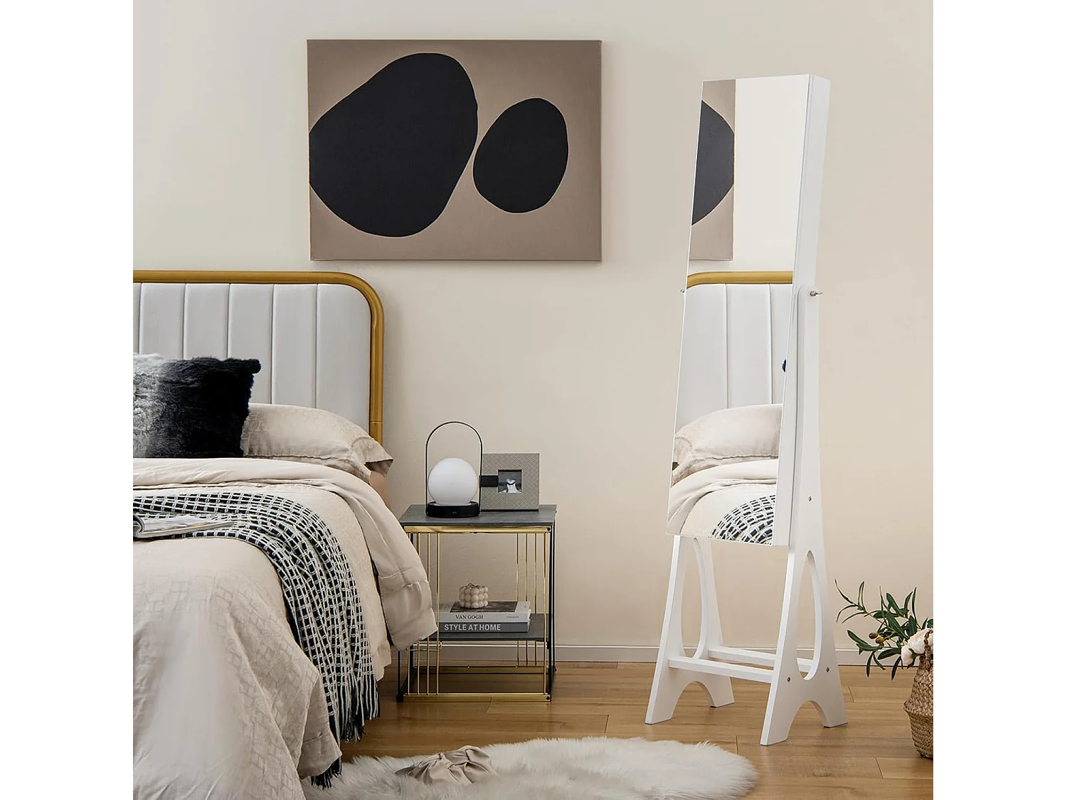 Sieradenkast, staande spiegel, afsluitbaar, 2-in-1 full-body spiegel met sieradenopslag, spiegelkast met 12 leds, vrijstaand (wit)VH32203