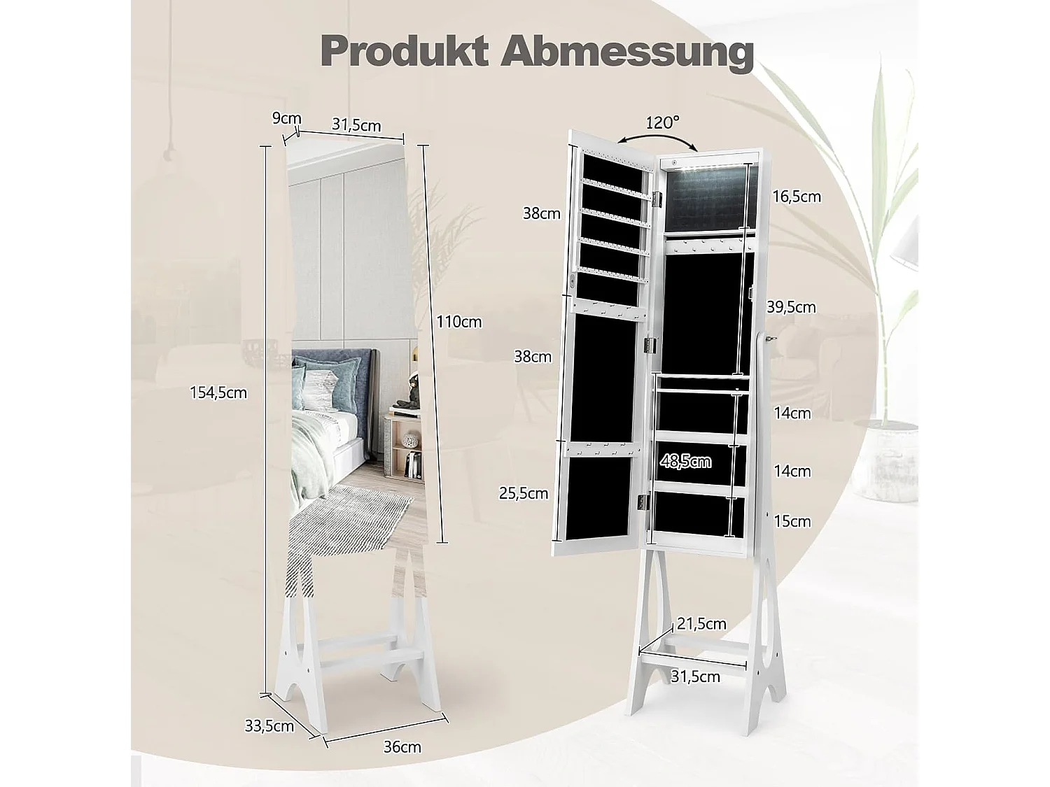Sieradenkast, staande spiegel, afsluitbaar, 2-in-1 full-body spiegel met sieradenopslag, spiegelkast met 12 leds, vrijstaand (wit)VH32203