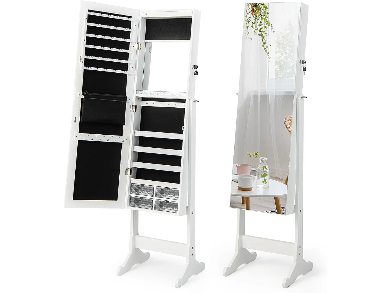 Sieradenkast kantelbaar, vrijstaand sieradenrek met full-body spiegel & interne make-upspiegel & ledverlichting, sieradenspiegelkast afsluitbaar, witVH32826