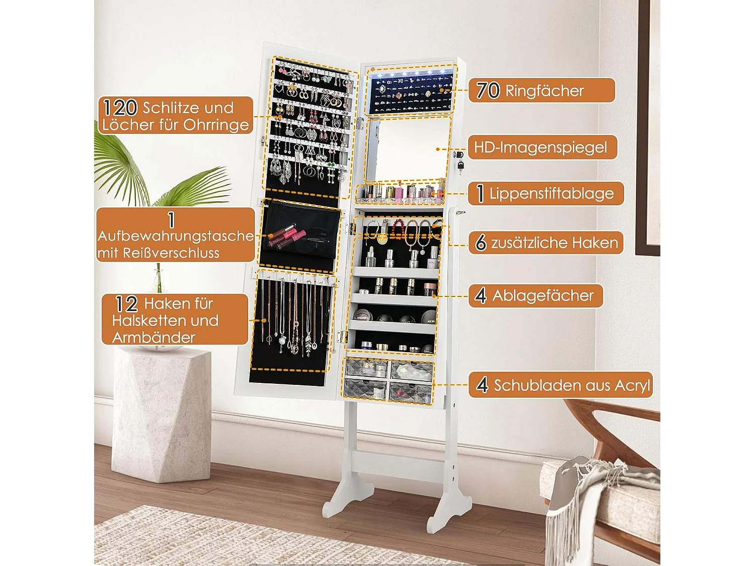 Sieradenkast kantelbaar, vrijstaand sieradenrek met full-body spiegel & interne make-upspiegel & ledverlichting, sieradenspiegelkast afsluitbaar, witVH32826