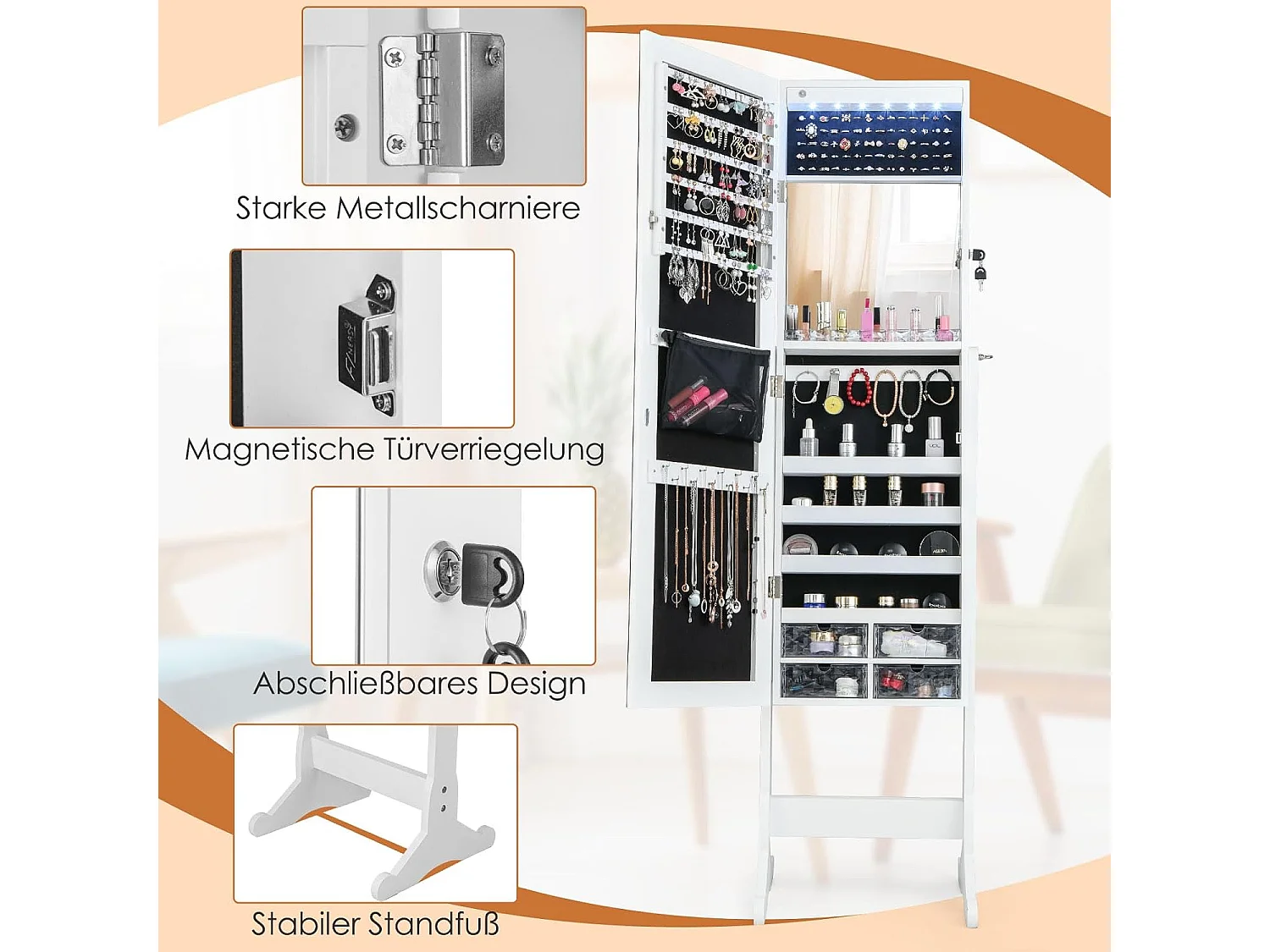 Sieradenkast kantelbaar, vrijstaand sieradenrek met full-body spiegel & interne make-upspiegel & ledverlichting, sieradenspiegelkast afsluitbaar, witVH32826