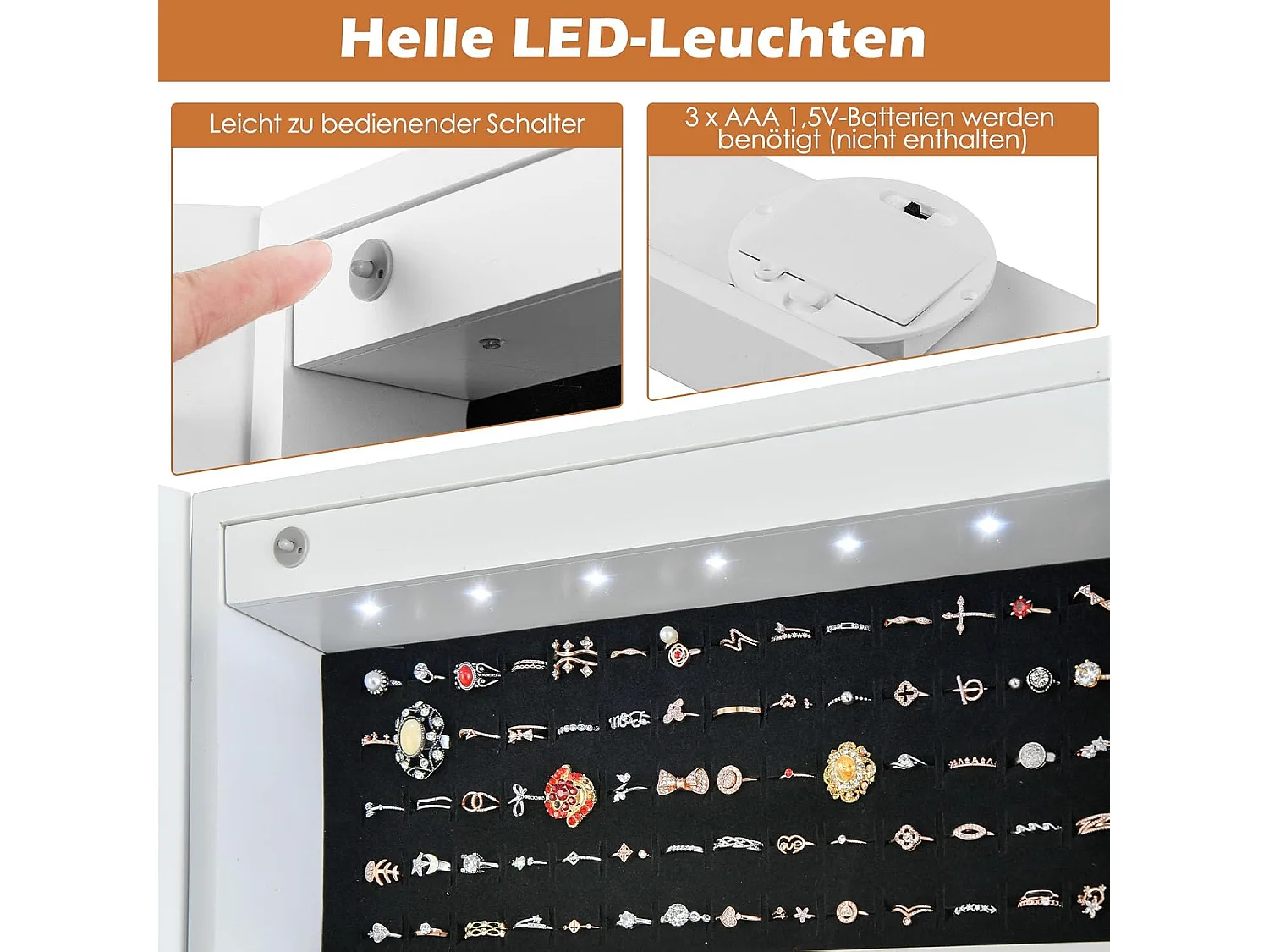 Sieradenkast kantelbaar, vrijstaand sieradenrek met full-body spiegel & interne make-upspiegel & ledverlichting, sieradenspiegelkast afsluitbaar, witVH32826