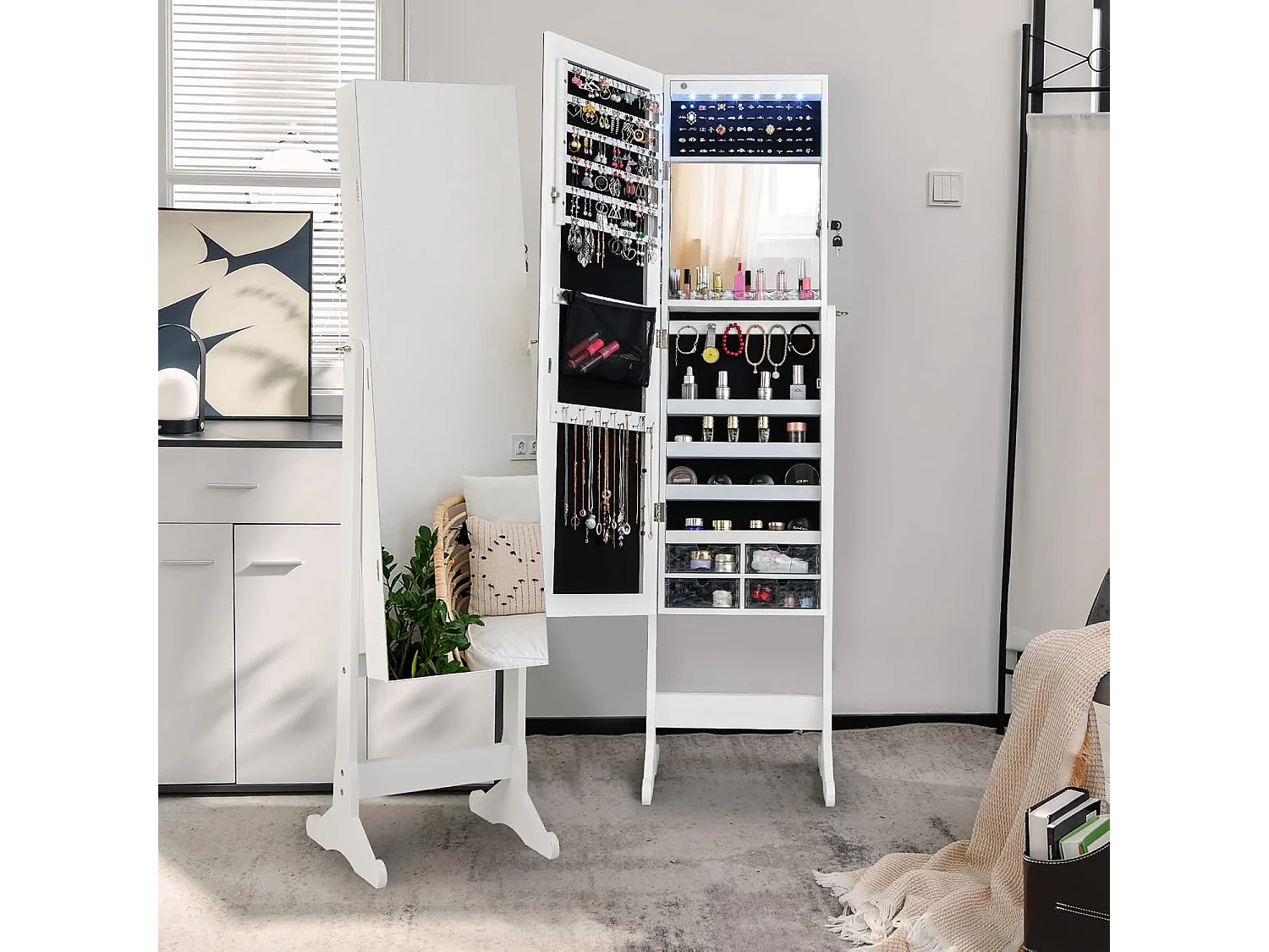 Sieradenkast kantelbaar, vrijstaand sieradenrek met full-body spiegel & interne make-upspiegel & ledverlichting, sieradenspiegelkast afsluitbaar, witVH32826