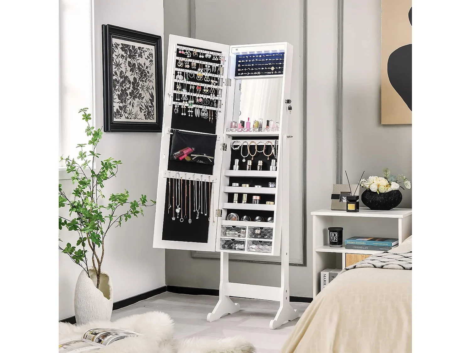 Sieradenkast kantelbaar, vrijstaand sieradenrek met full-body spiegel & interne make-upspiegel & ledverlichting, sieradenspiegelkast afsluitbaar, witVH32826