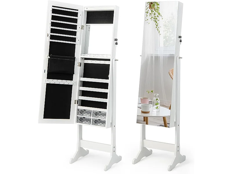 Sieradenkast kantelbaar, vrijstaand sieradenrek met full-body spiegel & interne make-upspiegel & ledverlichting, sieradenspiegelkast afsluitbaar, witVH32826