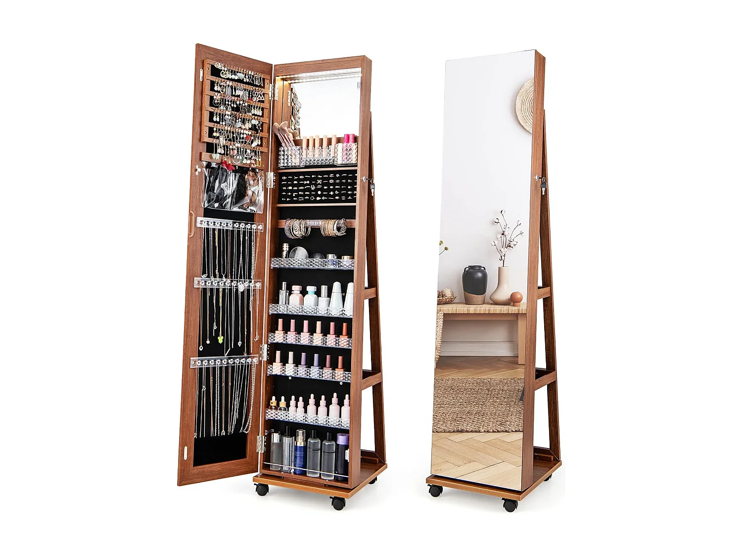 Sieradenkast met wieltjes, spiegelkast, afsluitbaar met ledlampen en verstelbare planken,sieradenrek, full-body-spiegel, voor kettingen, oorbellen,bruinVH33467