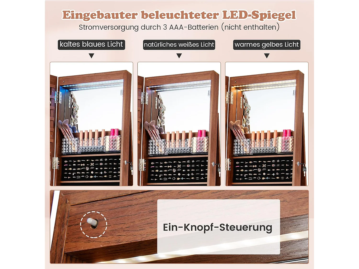 Sieradenkast met wieltjes, spiegelkast, afsluitbaar met ledlampen en verstelbare planken,sieradenrek, full-body-spiegel, voor kettingen, oorbellen,bruinVH33467