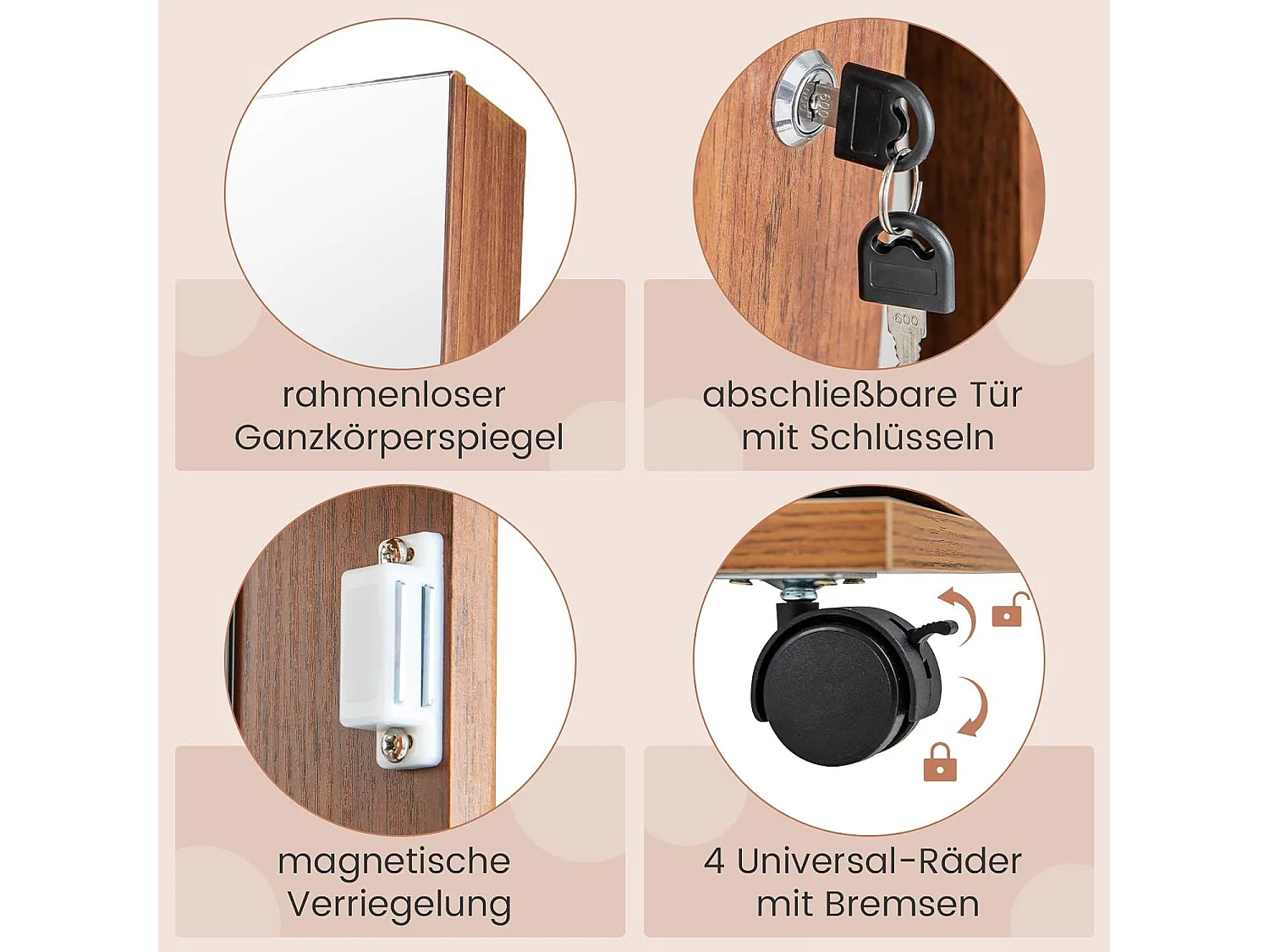 Sieradenkast met wieltjes, spiegelkast, afsluitbaar met ledlampen en verstelbare planken,sieradenrek, full-body-spiegel, voor kettingen, oorbellen,bruinVH33467