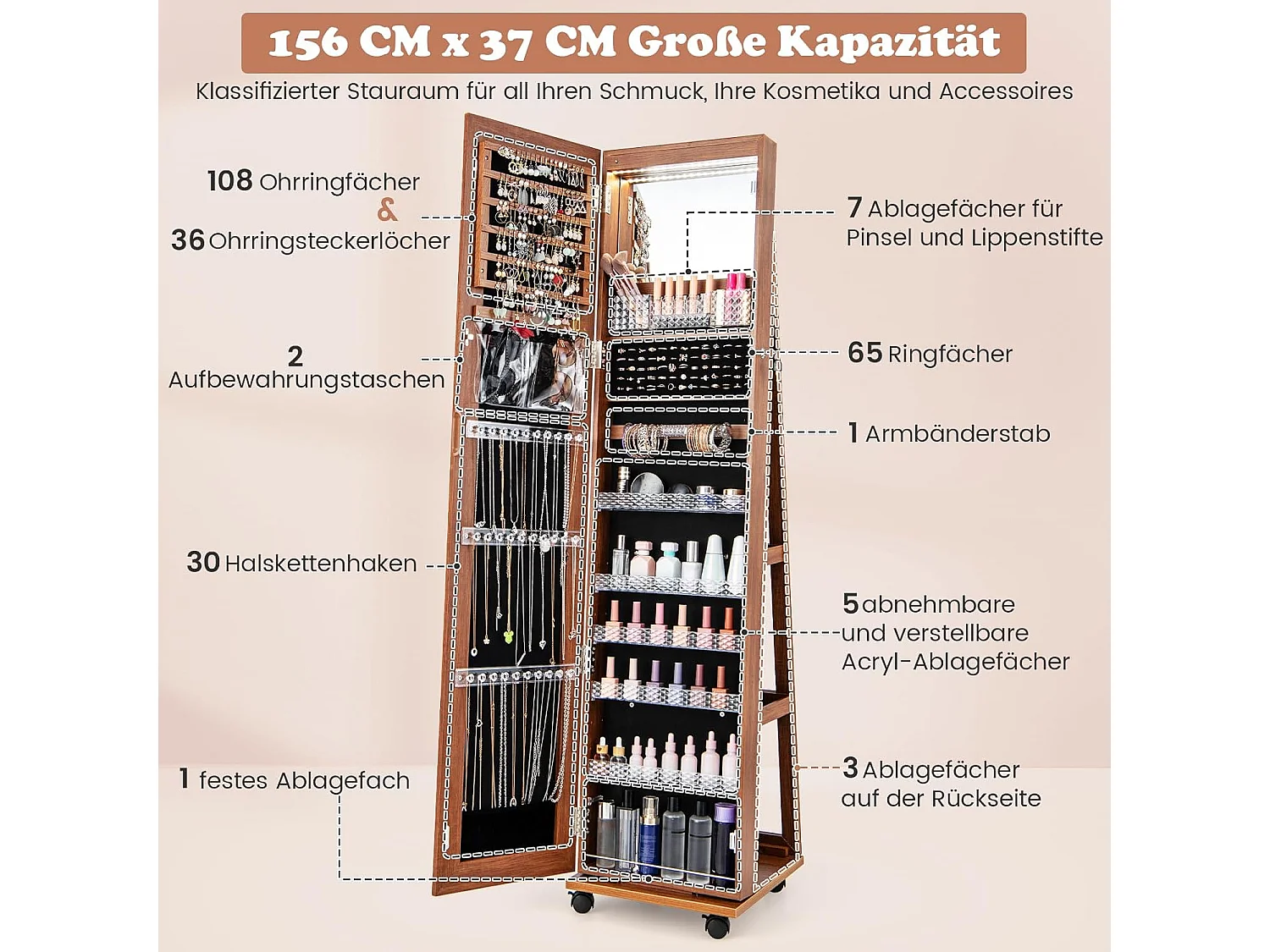 Sieradenkast met wieltjes, spiegelkast, afsluitbaar met ledlampen en verstelbare planken,sieradenrek, full-body-spiegel, voor kettingen, oorbellen,bruinVH33467