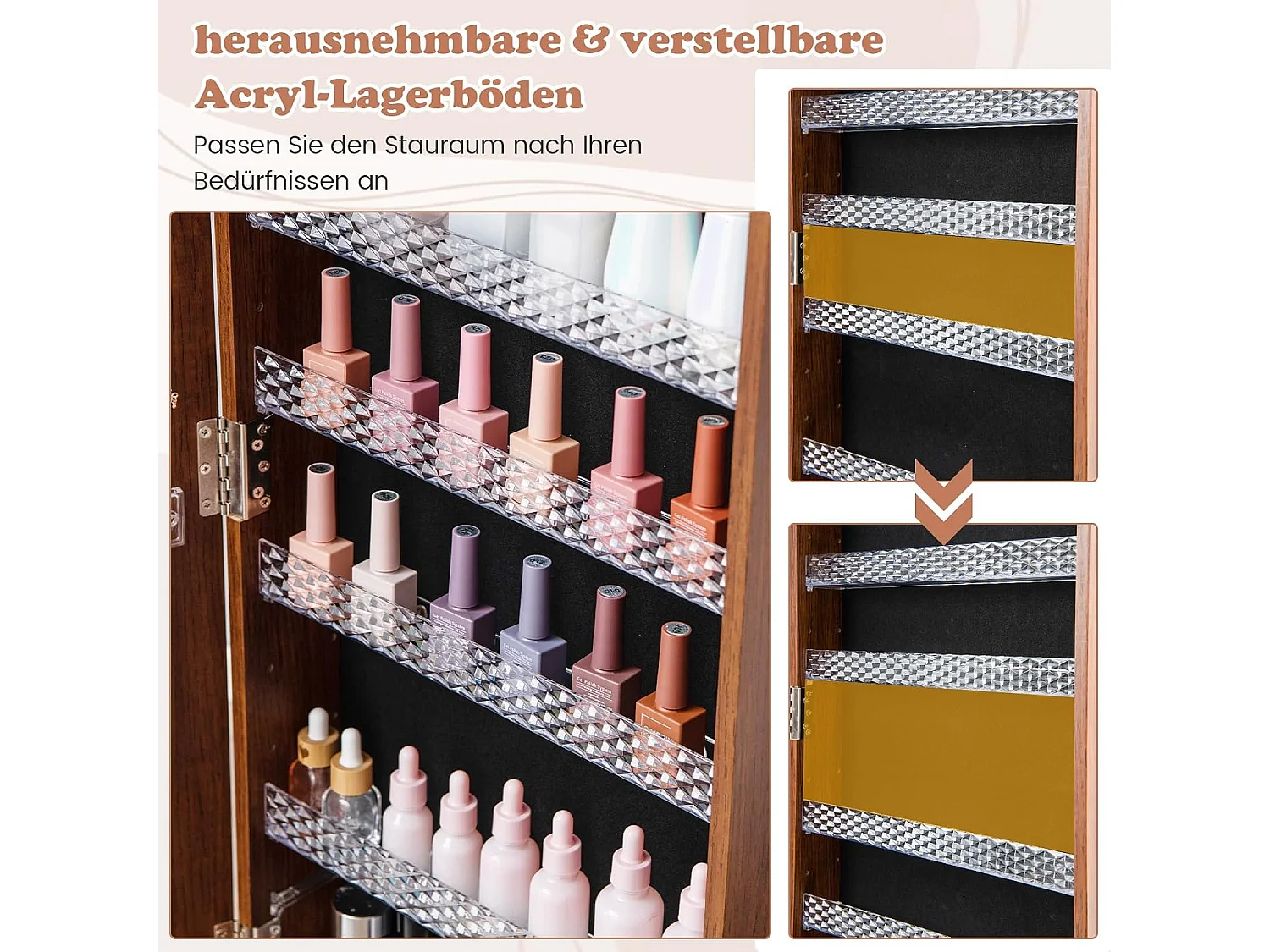 Sieradenkast met wieltjes, spiegelkast, afsluitbaar met ledlampen en verstelbare planken,sieradenrek, full-body-spiegel, voor kettingen, oorbellen,bruinVH33467