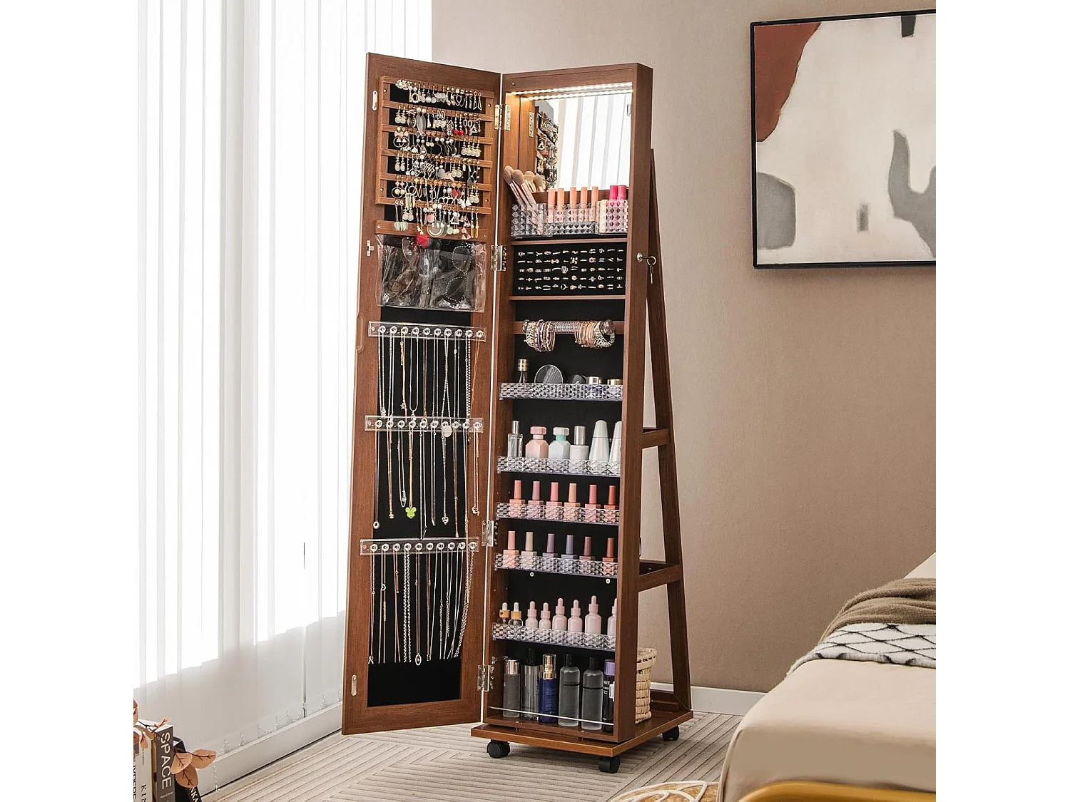 Sieradenkast met wieltjes, spiegelkast, afsluitbaar met ledlampen en verstelbare planken,sieradenrek, full-body-spiegel, voor kettingen, oorbellen,bruinVH33467