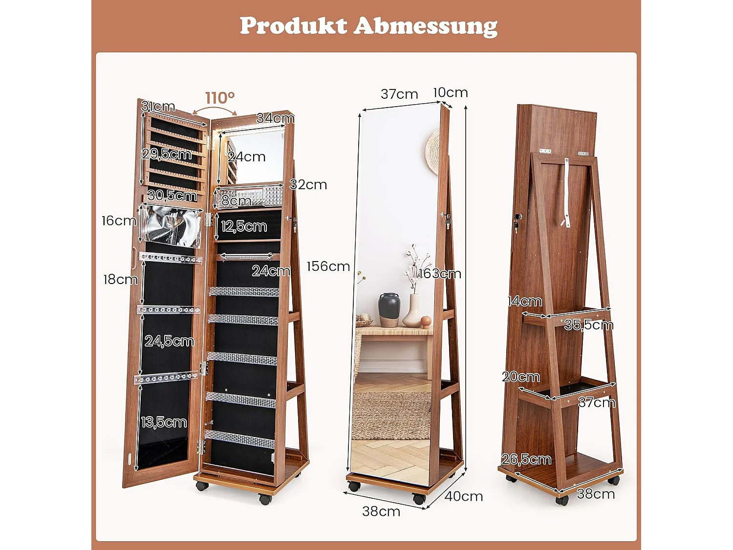 Sieradenkast met wieltjes, spiegelkast, afsluitbaar met ledlampen en verstelbare planken,sieradenrek, full-body-spiegel, voor kettingen, oorbellen,bruinVH33467