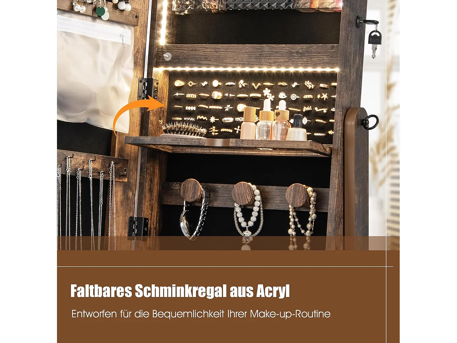 Sieradenkast met 3 spiegels, verstelbare sieradenspiegel met lade,spiegelkast,afsluitbaar, voor kettingen, oorbellen,42 x 35 x 159 cm (rustiek bruin)VH33455