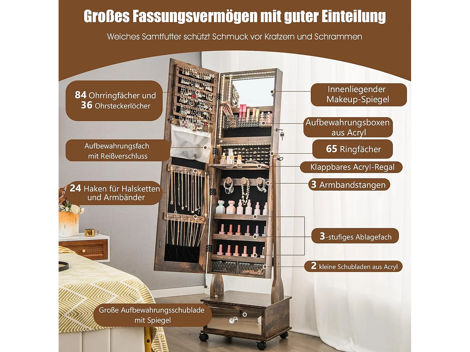 Sieradenkast met 3 spiegels, verstelbare sieradenspiegel met lade,spiegelkast,afsluitbaar, voor kettingen, oorbellen,42 x 35 x 159 cm (rustiek bruin)VH33455
