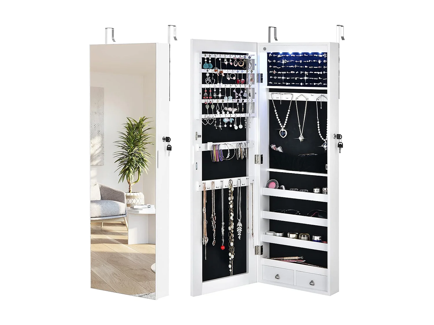 Spiegelende sieradenkast met 6 ledlampen & 2 laden, sieradenhangkast afsluitbaar, silevelkast, wand-/deurmontage (wit)TI89458