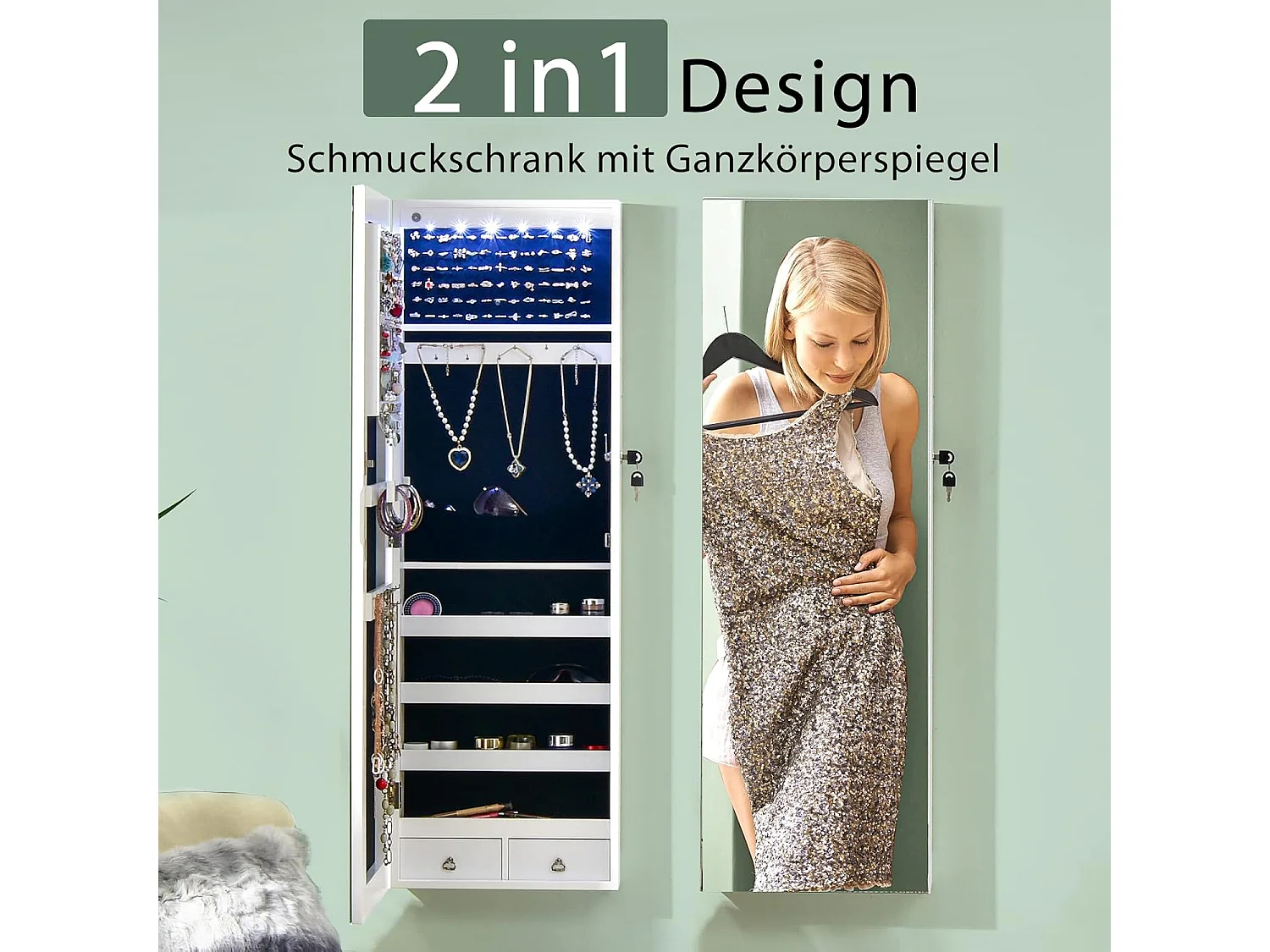 Spiegelende sieradenkast met 6 ledlampen & 2 laden, sieradenhangkast afsluitbaar, silevelkast, wand-/deurmontage (wit)TI89458